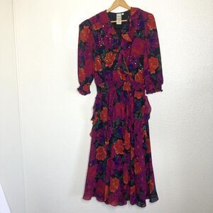 Vintage Montage By Mosaic Dress Womens Large Floral Chiffon Maxi Ruffle Boho 80s